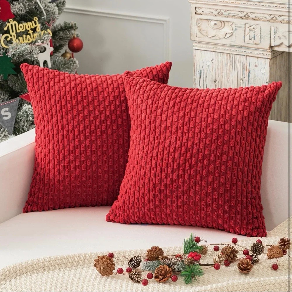 Kevin Textile Red Corduroy Decorative Throw Pillow Covers 16x16 Inch Pack of 2